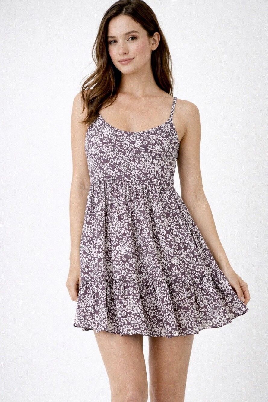 Kiwi + Punch Boho Floral Babydoll Mini Dress Lace Up Back Misty Plum Small NWT